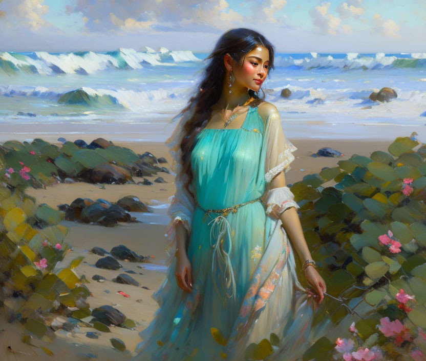 Ethereal teal dress woman on beach with crashing waves