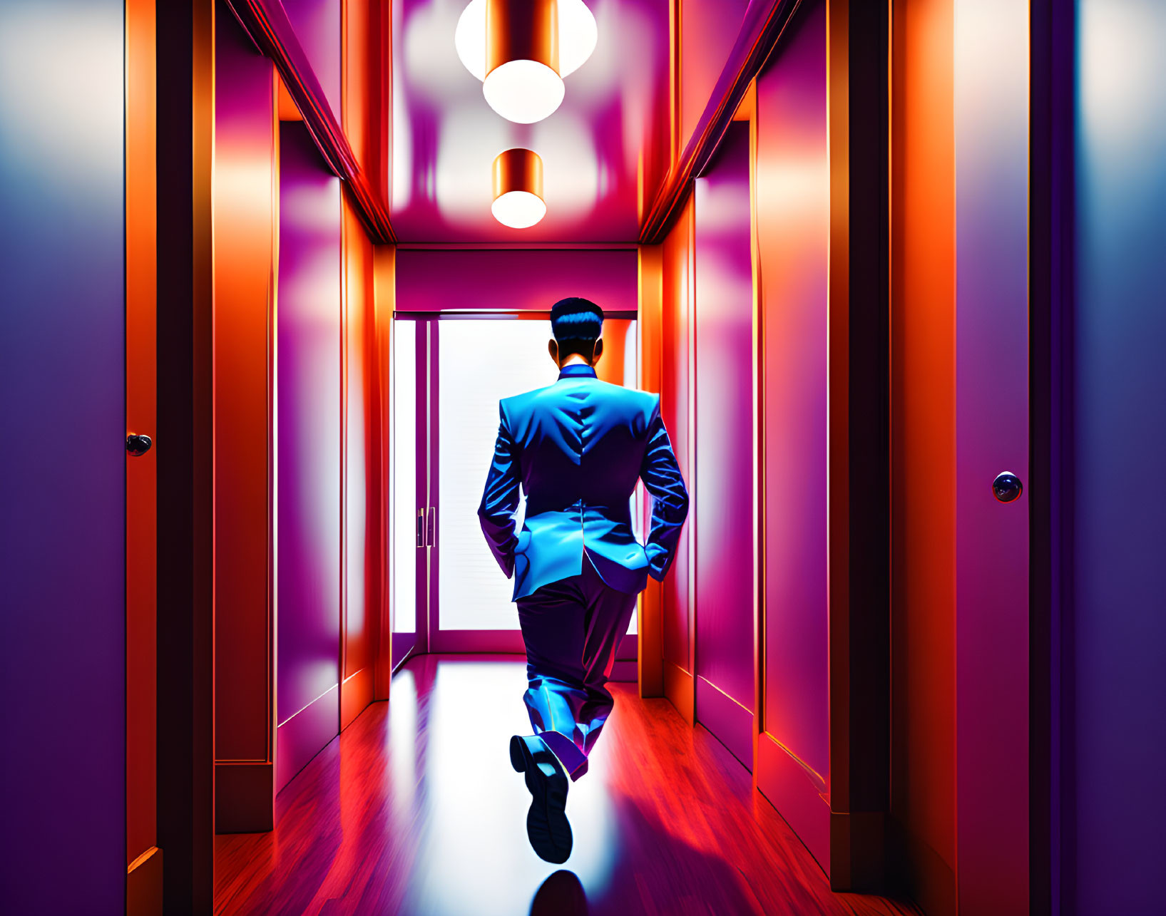 Blue Suit Figure Walking in Vibrant Purple Corridor with Hanging Lights