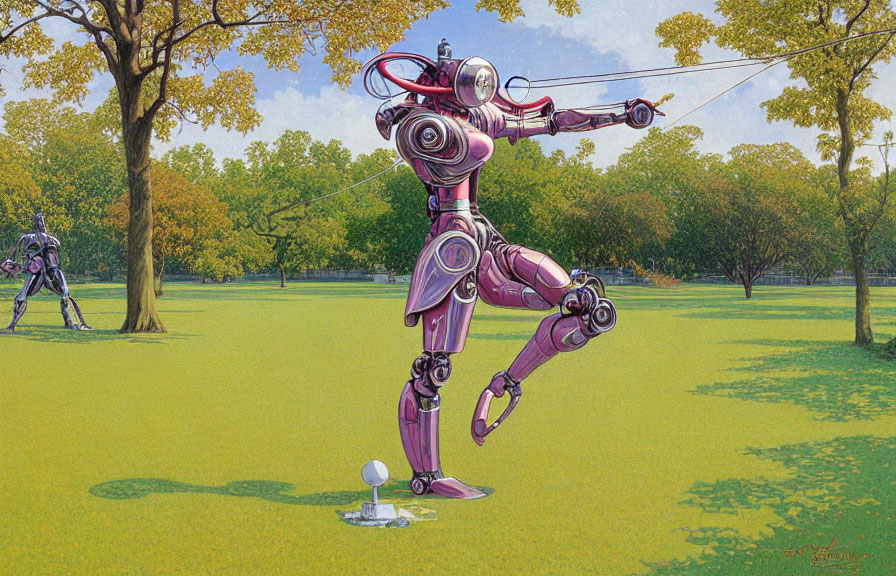 Pink humanoid robot playing golf with another robot in background