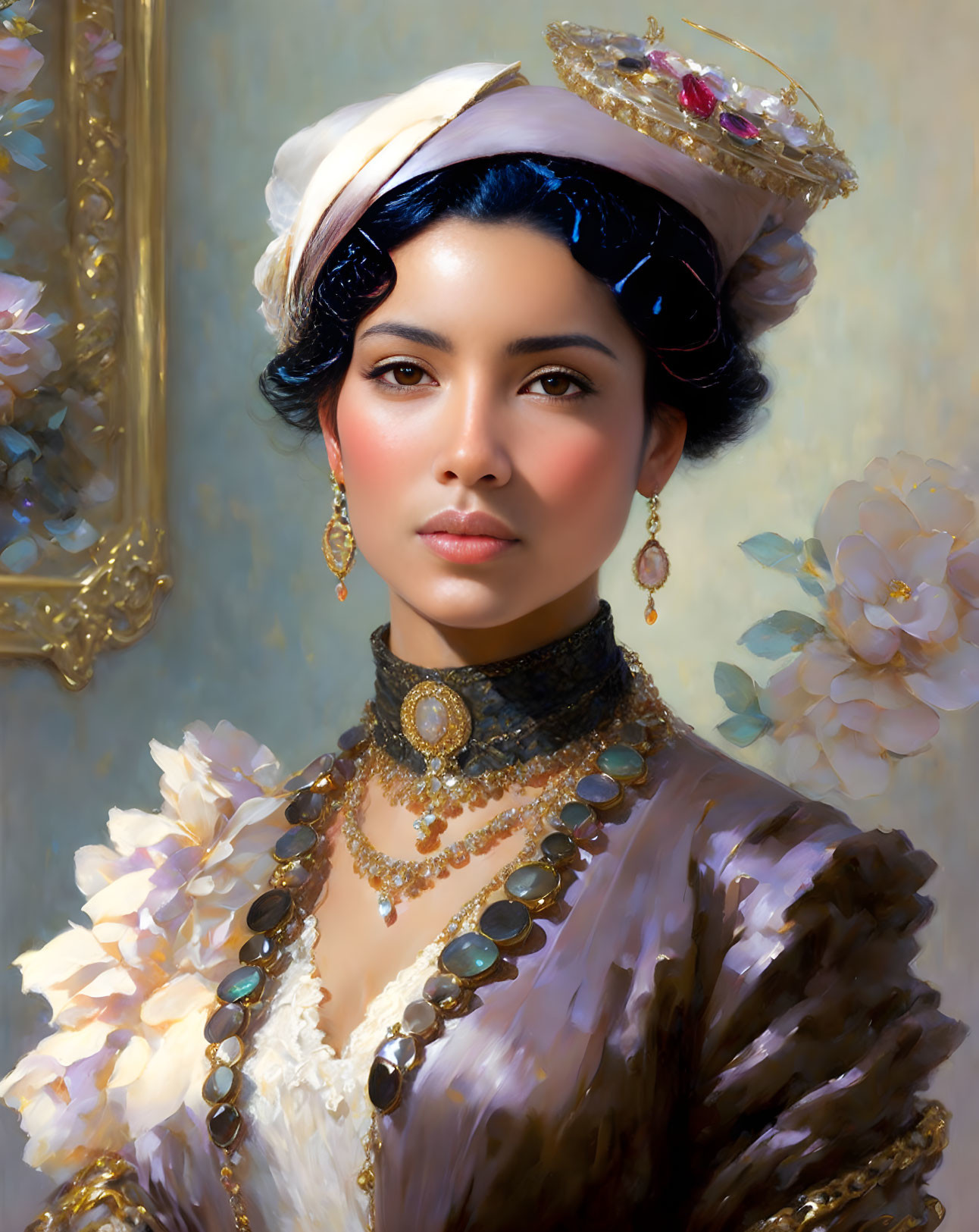 Victorian woman portrait with headscarf, crown, and floral background