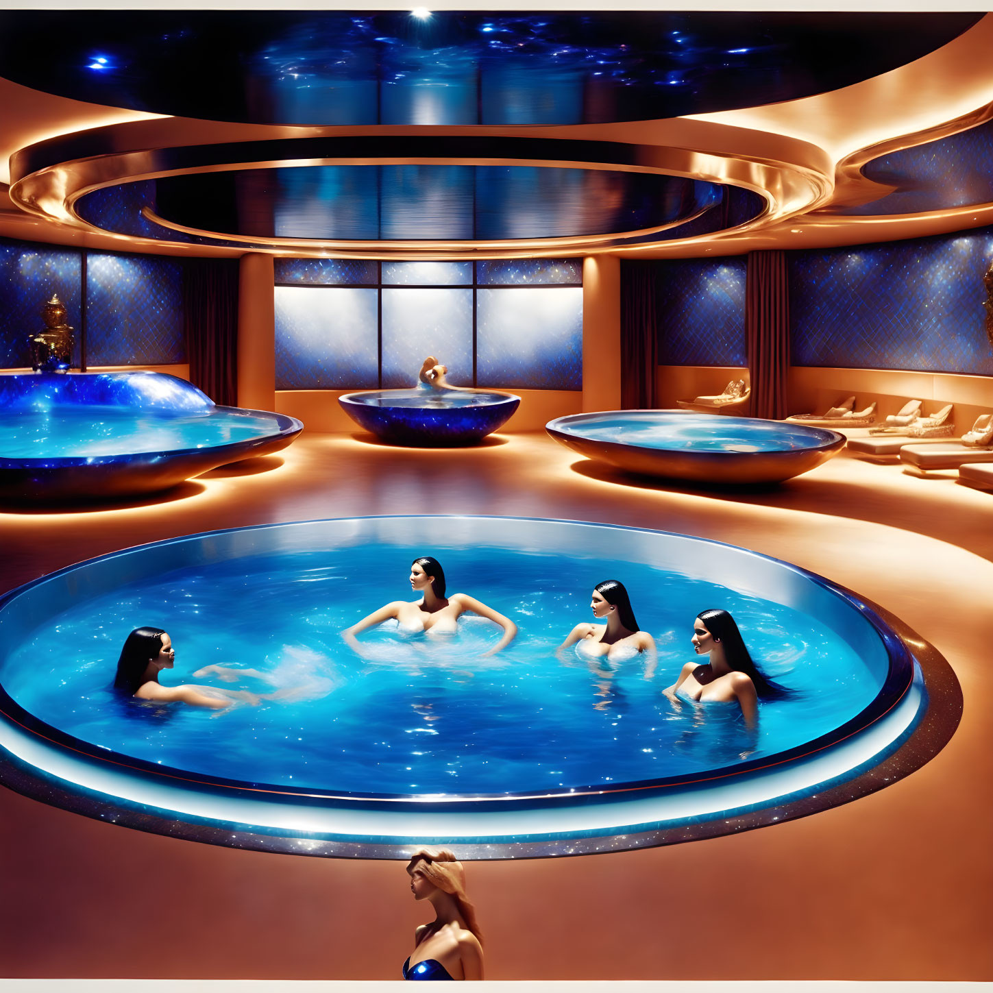 Luxurious Indoor Spa with Round Pools and Relaxing Guests