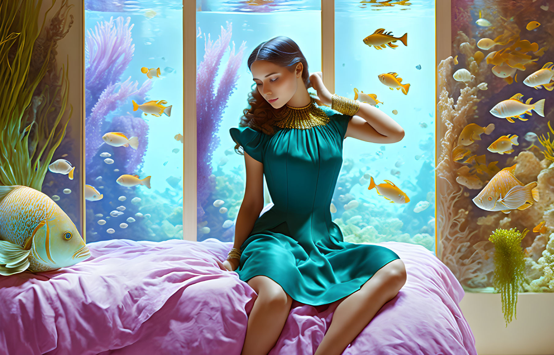 Woman in teal dress sitting by vibrant aquarium on pink bed