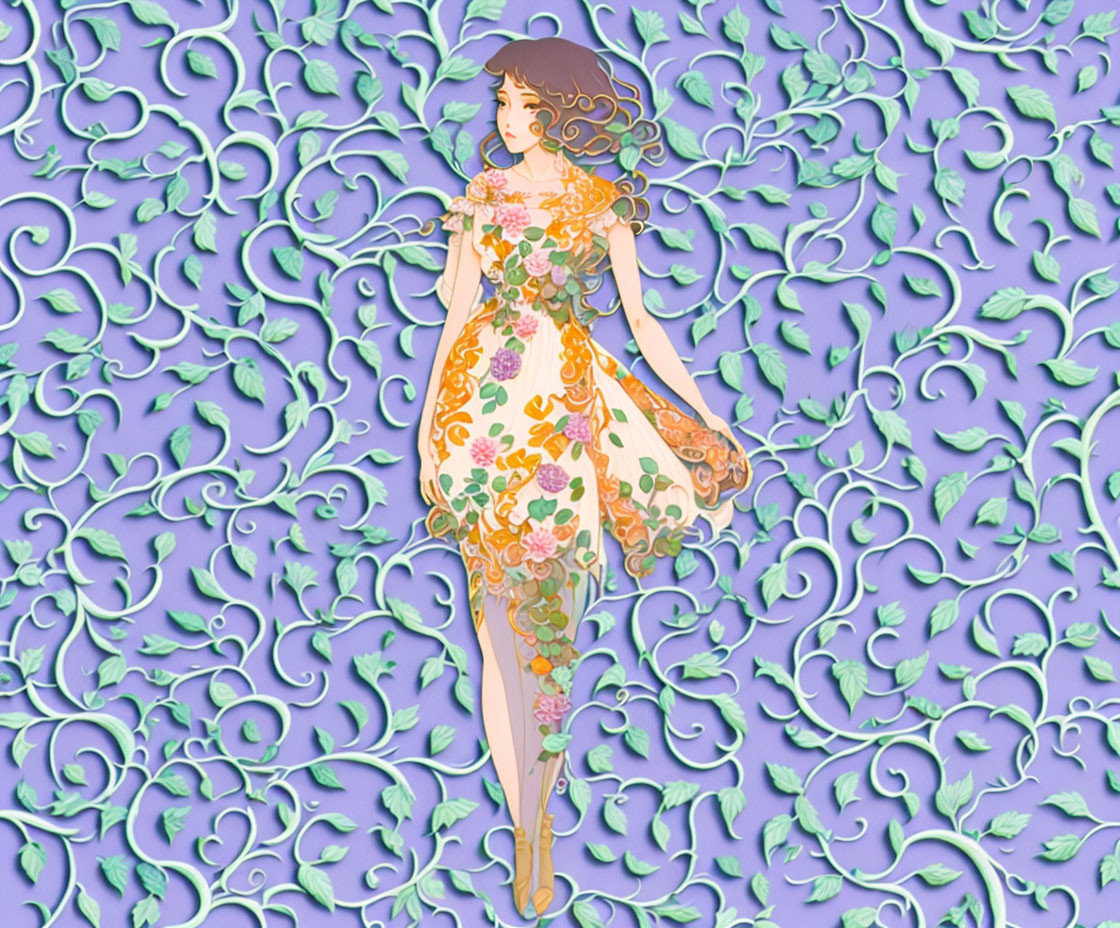 Illustrated woman in floral dress blending with swirling purple background.