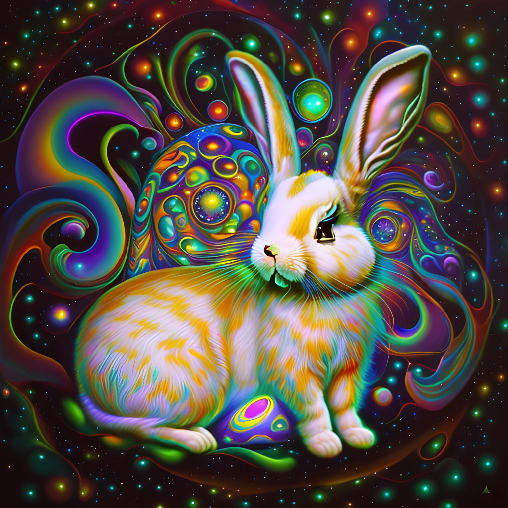 Colorful Psychedelic Rabbit Illustration with Swirling Cosmic Patterns