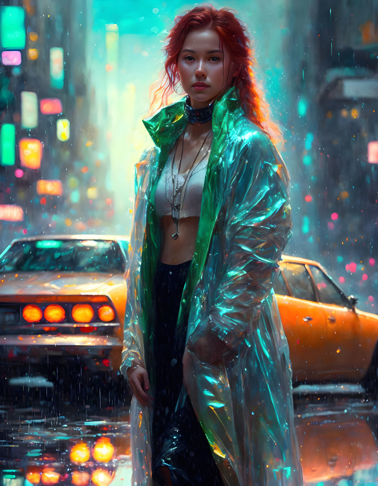 Woman in transparent raincoat on neon-lit city street at night