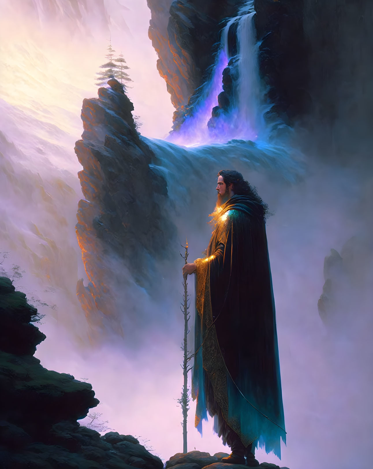 Majestic figure in cloak before ethereal waterfall landscape