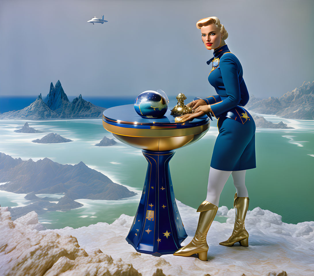 Retro-futuristic woman in blue uniform with globe and icy mountains.