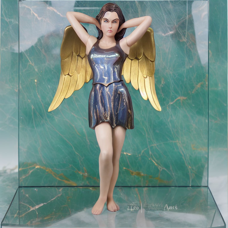 Metallic Blue Attired Female Angel Figurine with Golden Wings on Marbled Green Background