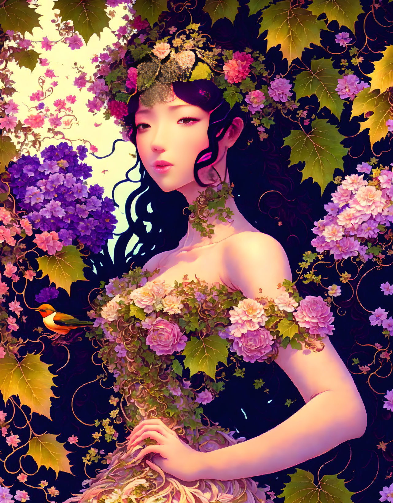 Digital artwork: Woman with floral headdress in lush flower setting.