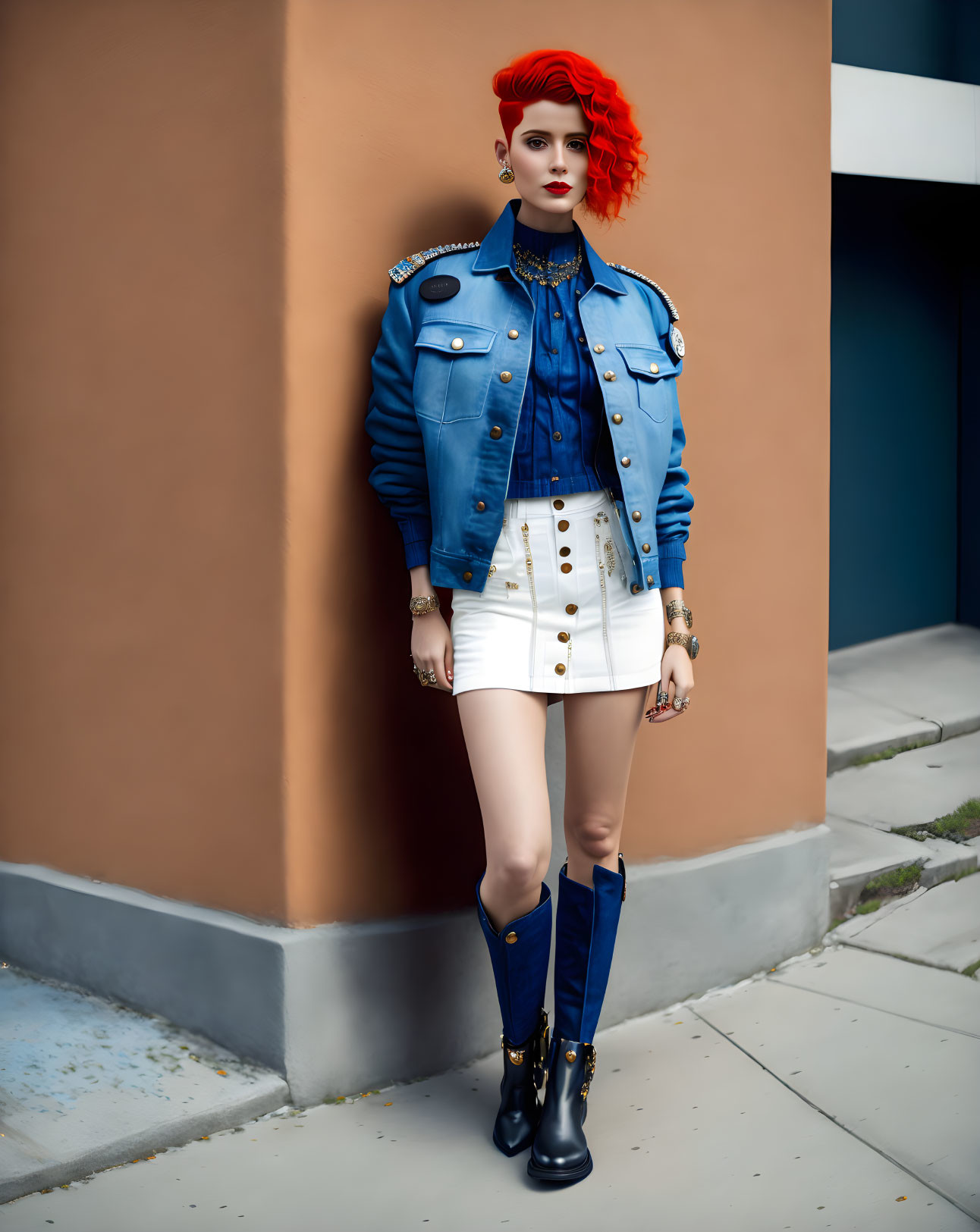 Stylish person with red hair, denim jacket, white skirt, black boots against blue-accent