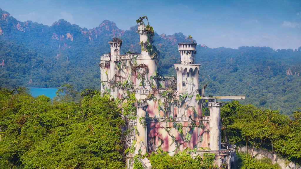 Ruined castle-like structure in lush greenery with towers and mountains.