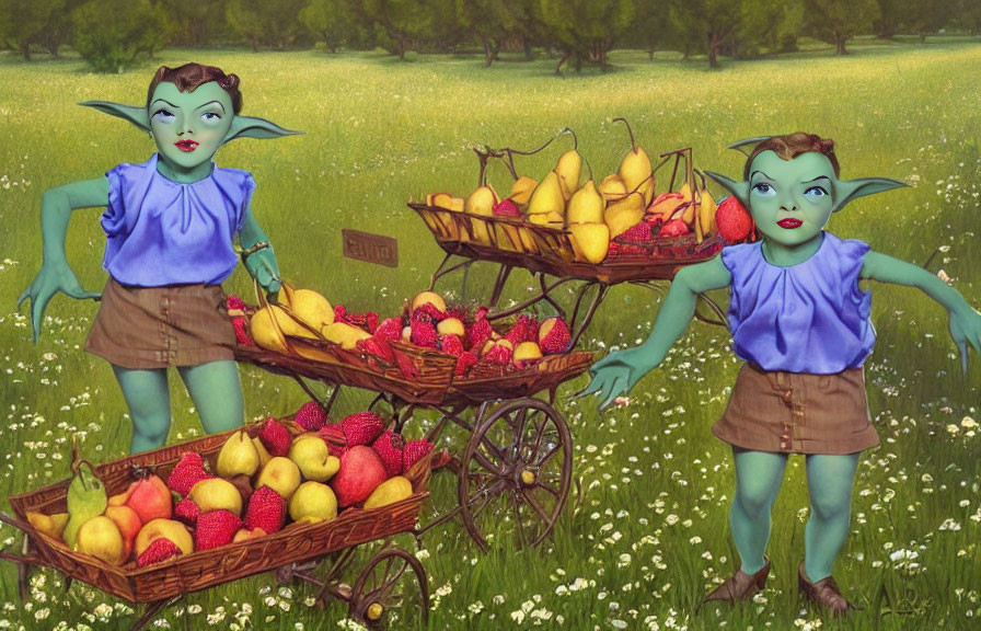 Blue-skinned creatures with pointed ears pushing carts of colorful fruits in a field