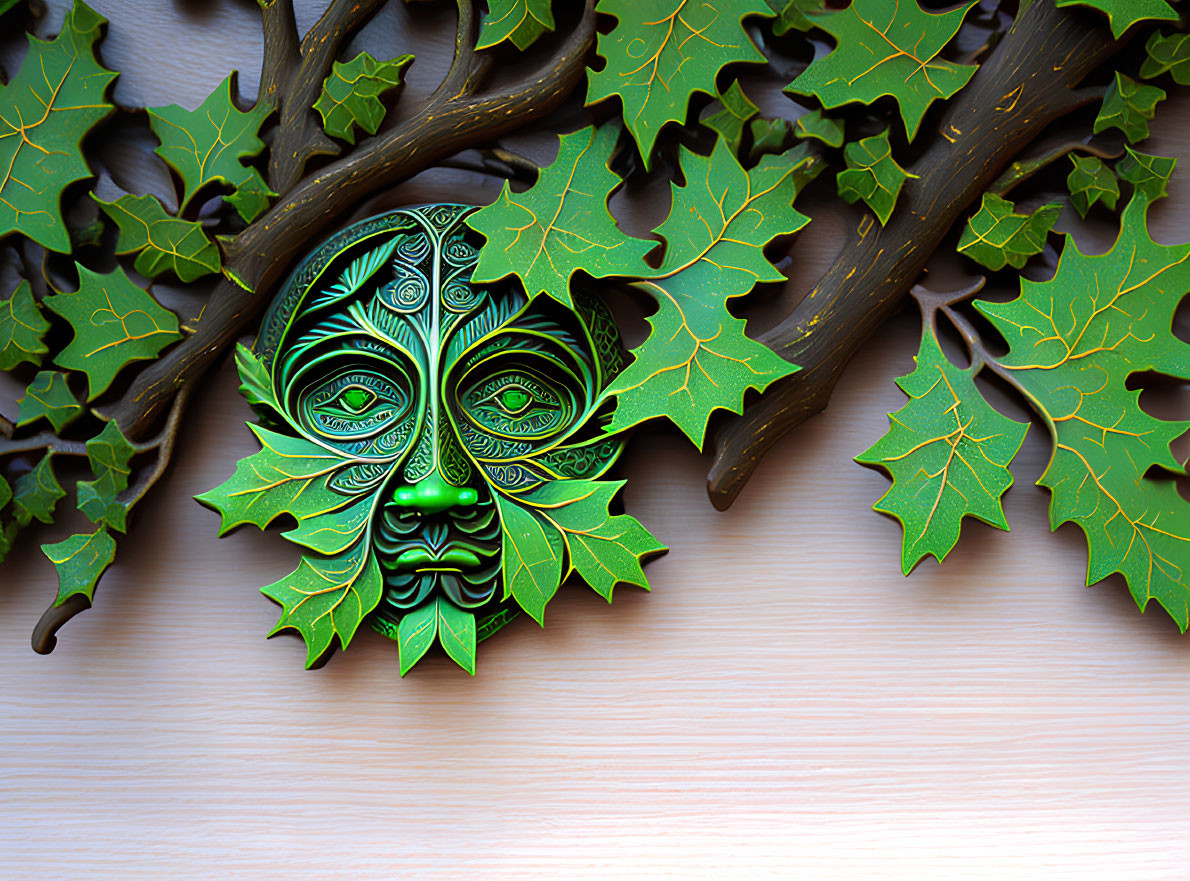 Green leaf-patterned mask surrounded by leaves and twigs on wooden surface