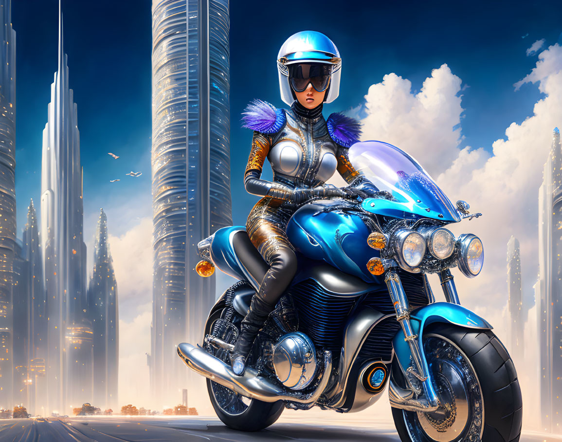 Futuristic rider on sleek motorcycle in urban setting