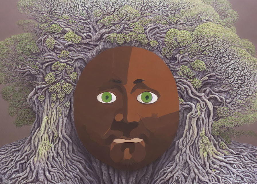 Face merged with tree: Detailed bark hair, green leaf eyes