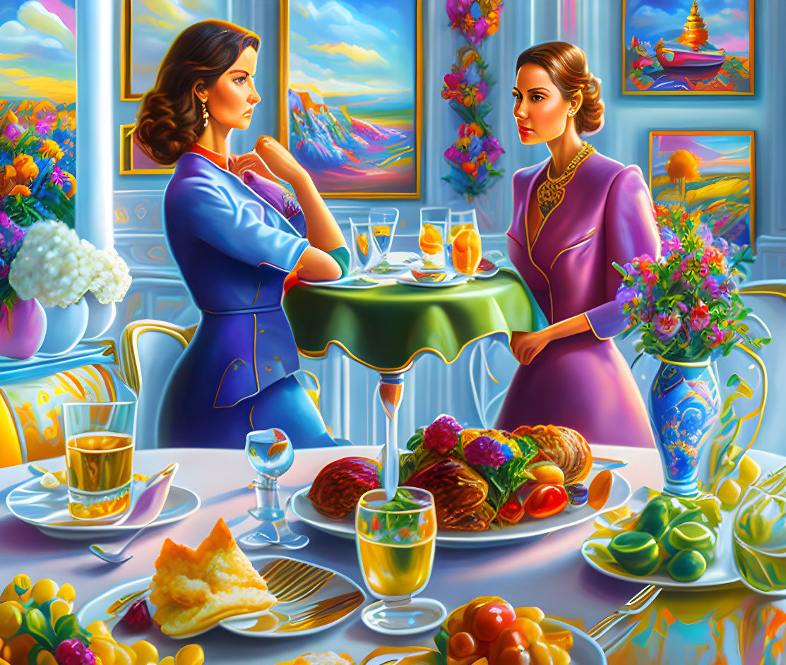 Elegant Women in Vibrant Dining Setting with Pastries and Tea