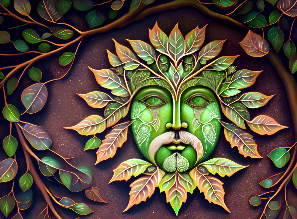 Colorful Green Man Artwork with Leafy Beard and Foliage Features