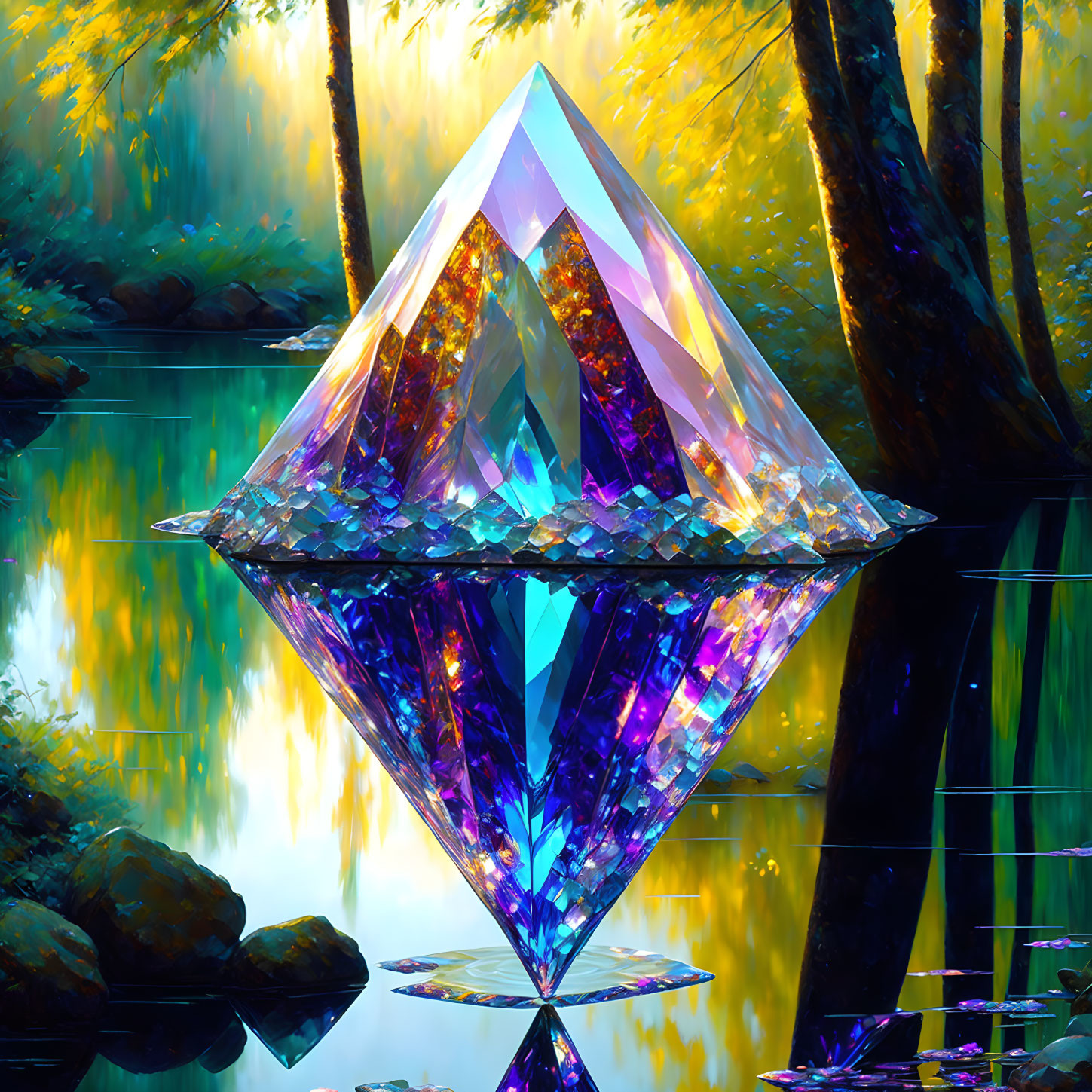 Multifaceted crystal above autumnal forest and tranquil waters