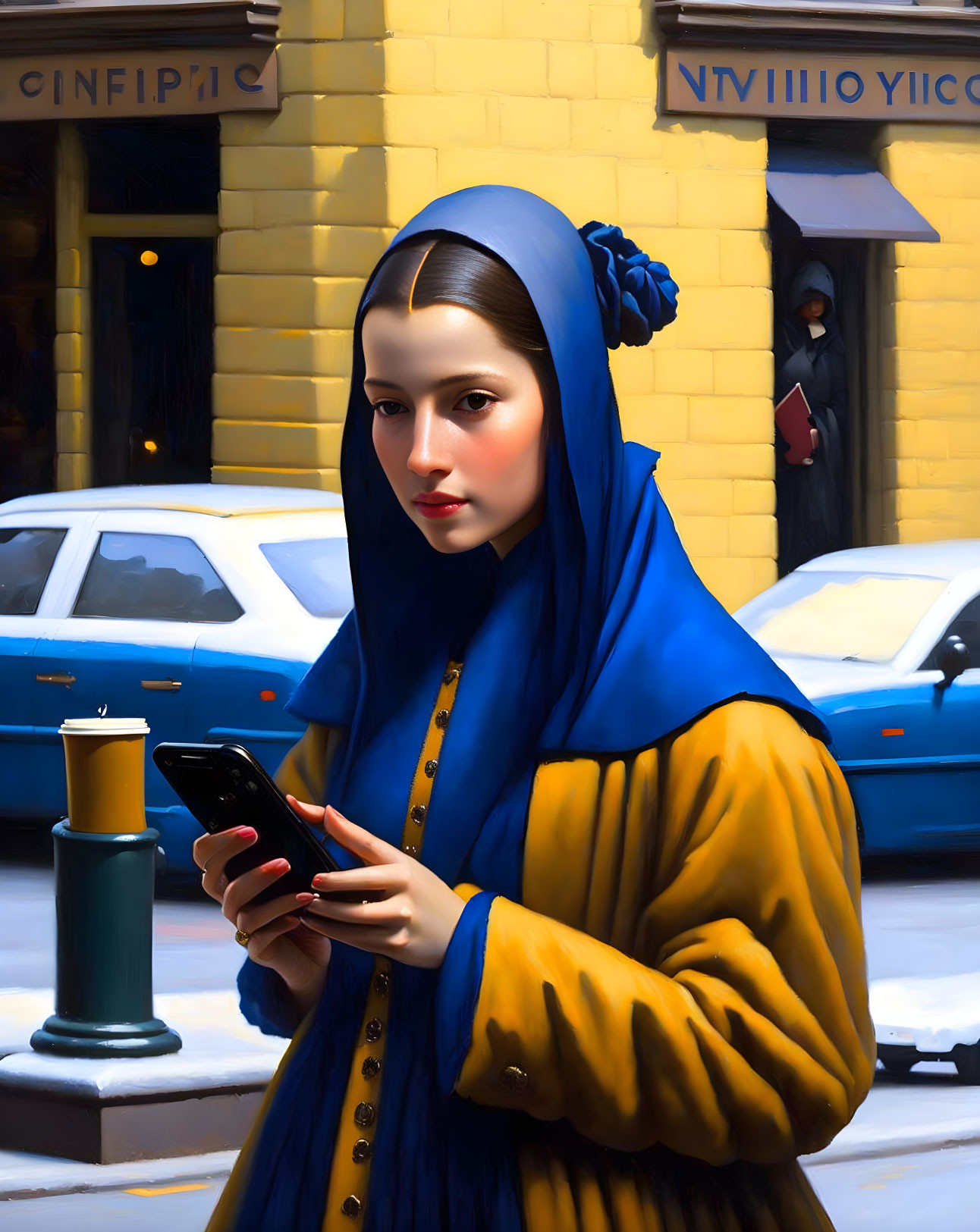 Modern reinterpretation of classic painting with young woman in blue headscarf and yellow coat absorbed in smartphone