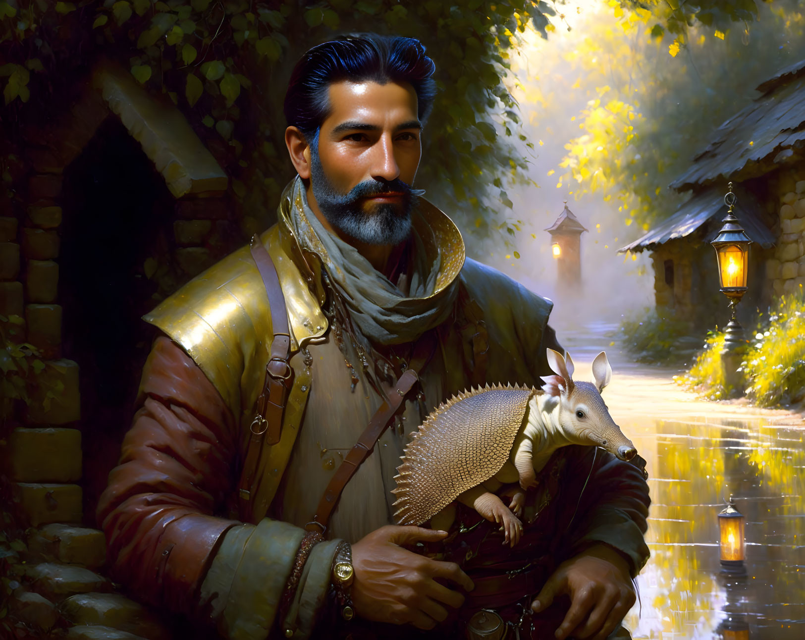 Bearded man holding armadillo by lantern-lit forest path