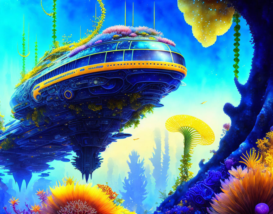 Futuristic floating city in vibrant sci-fi illustration