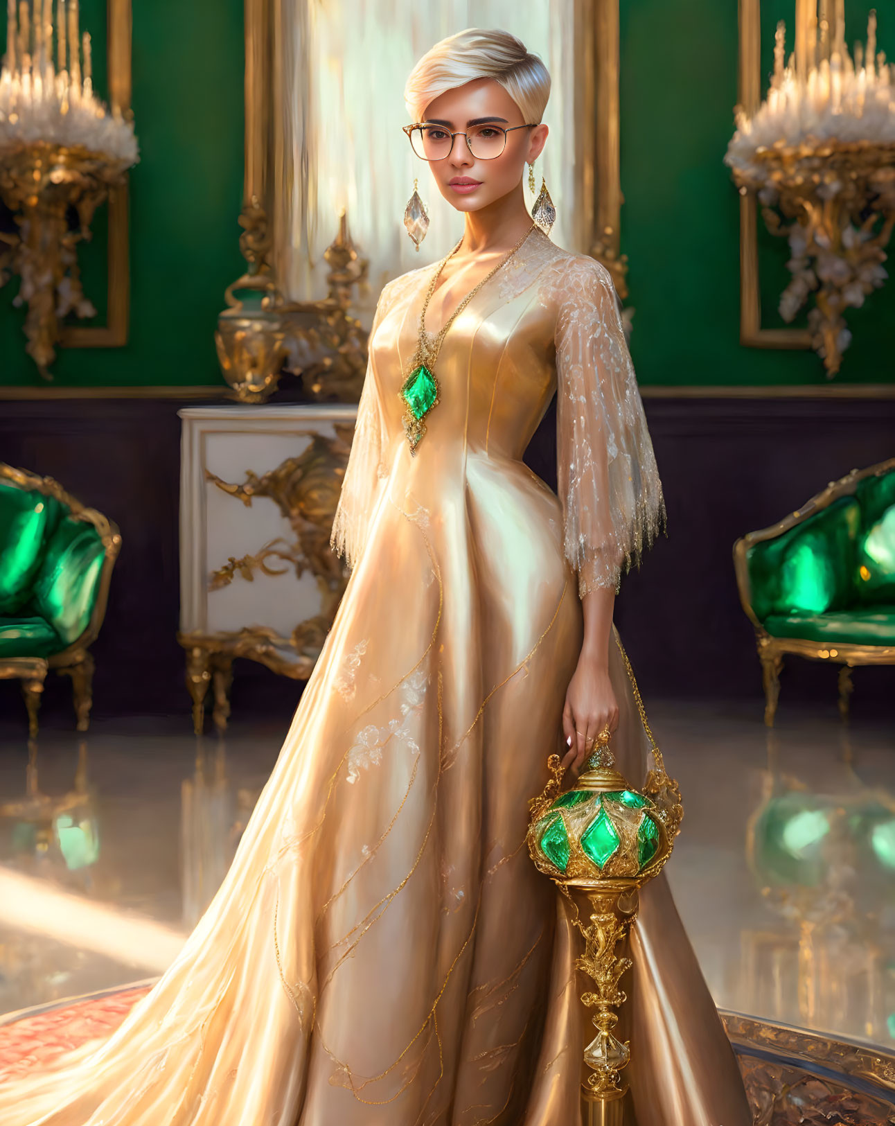 Elegant woman in gold dress with lace sleeves in luxurious room