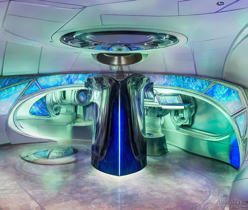 Futuristic sci-fi themed interior with holographic control panel and sleek design