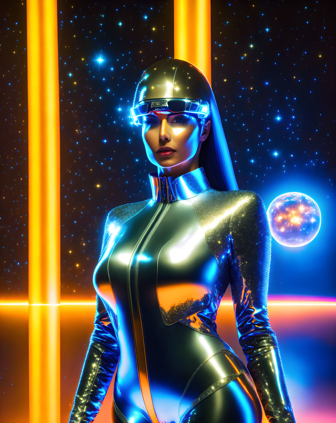 Futuristic female robot in glossy suit with visor on starry backdrop