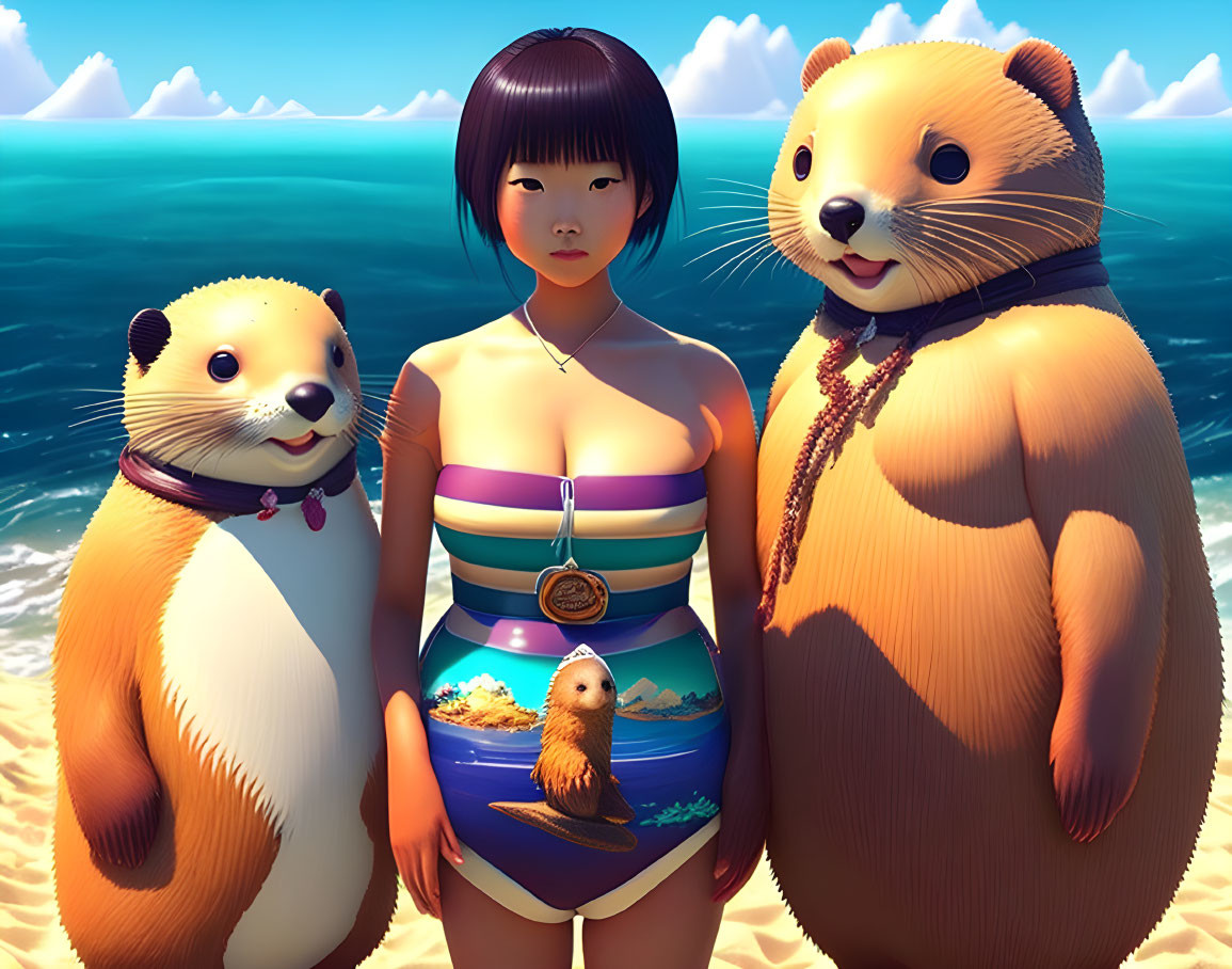 Girl in beach-themed swimsuit with two otters on sandy beach.