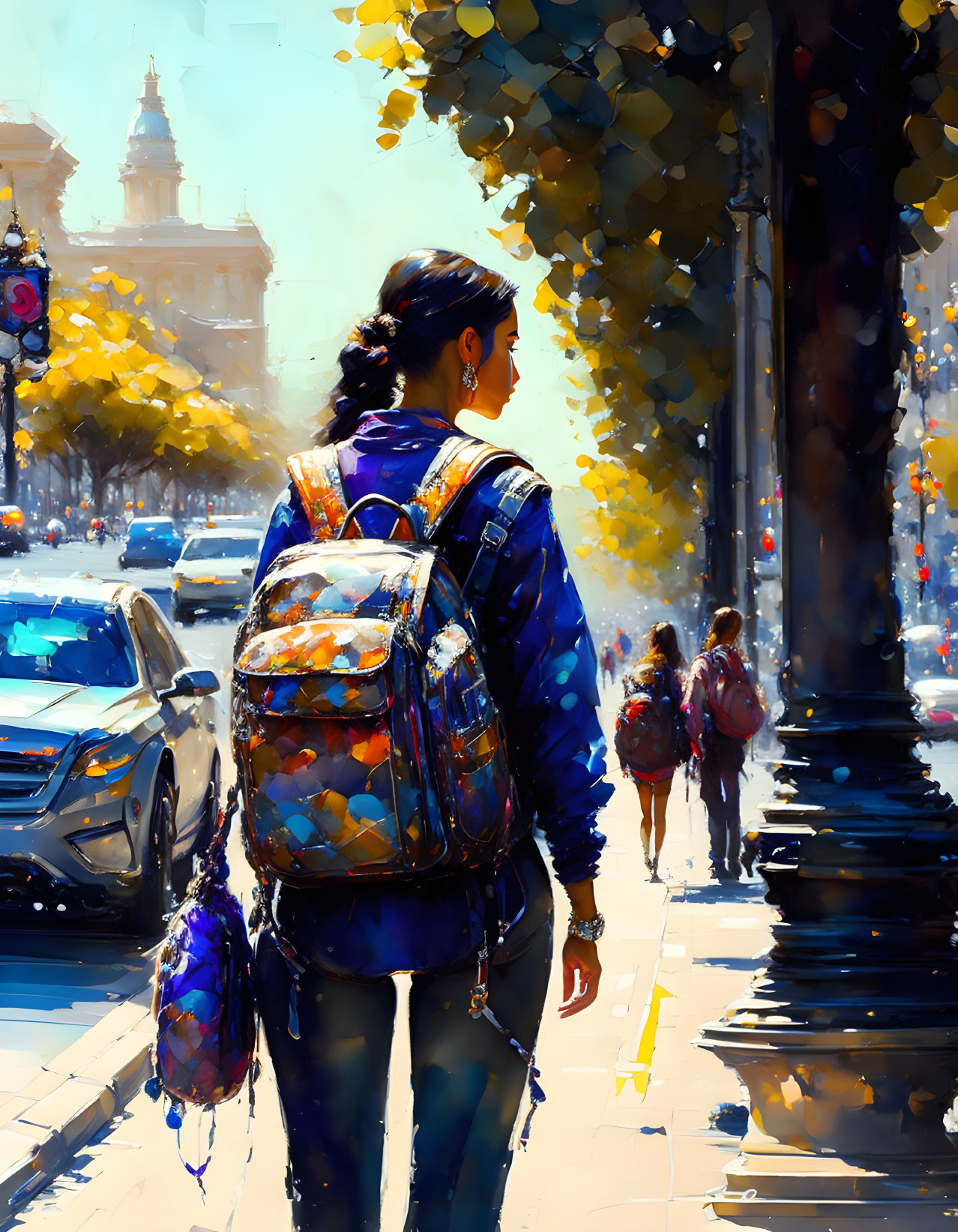 Woman walking in sunlit city street with backpack