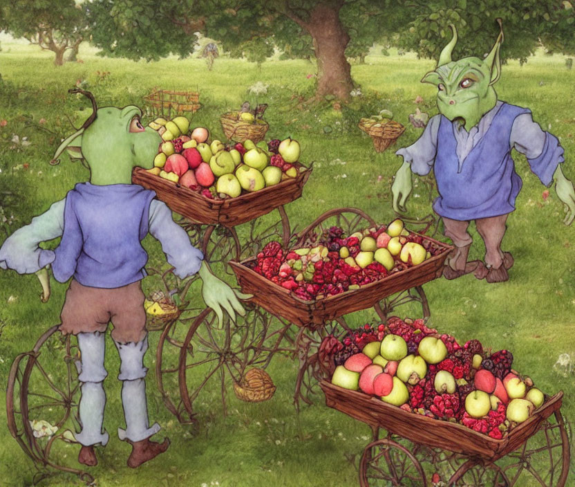 Green goblin-like creatures in orchard with colorful apples and fruit baskets