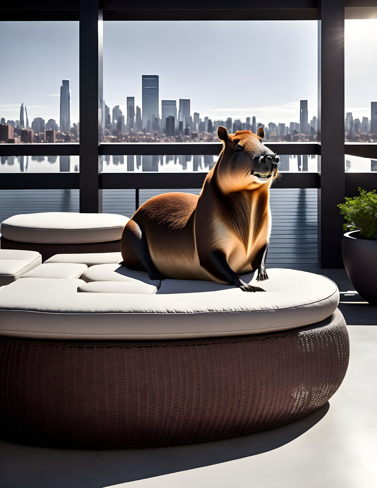 Capybara with sunglasses on rooftop sofa with city skyline.