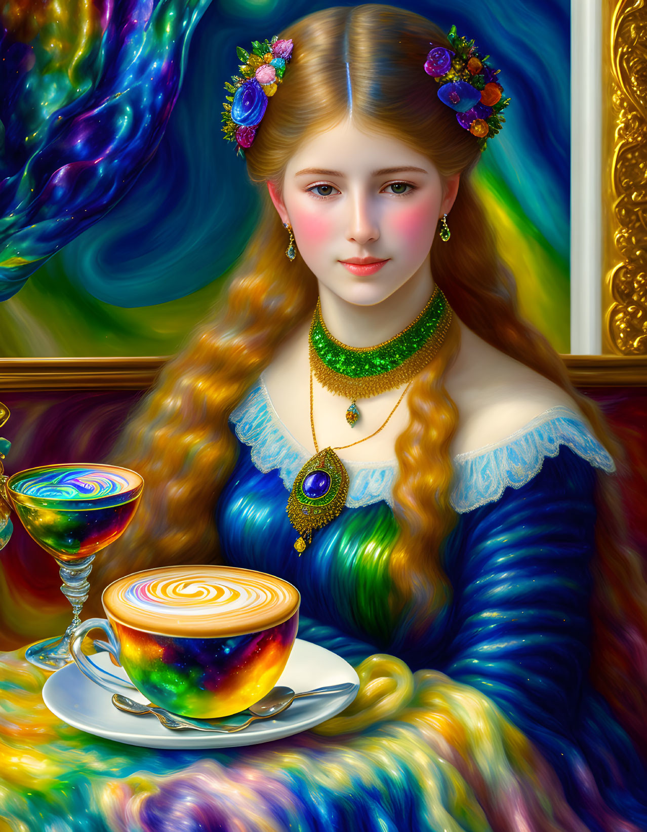 Colorful digital painting: Woman with blue hair and gemstone jewelry next to cosmic coffee cup