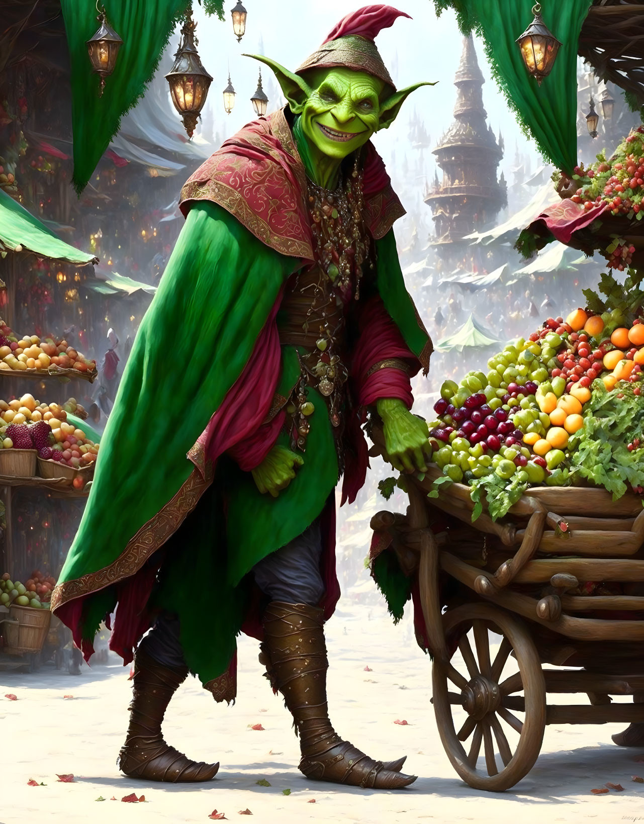 Vibrant green goblin with fruits in bustling market