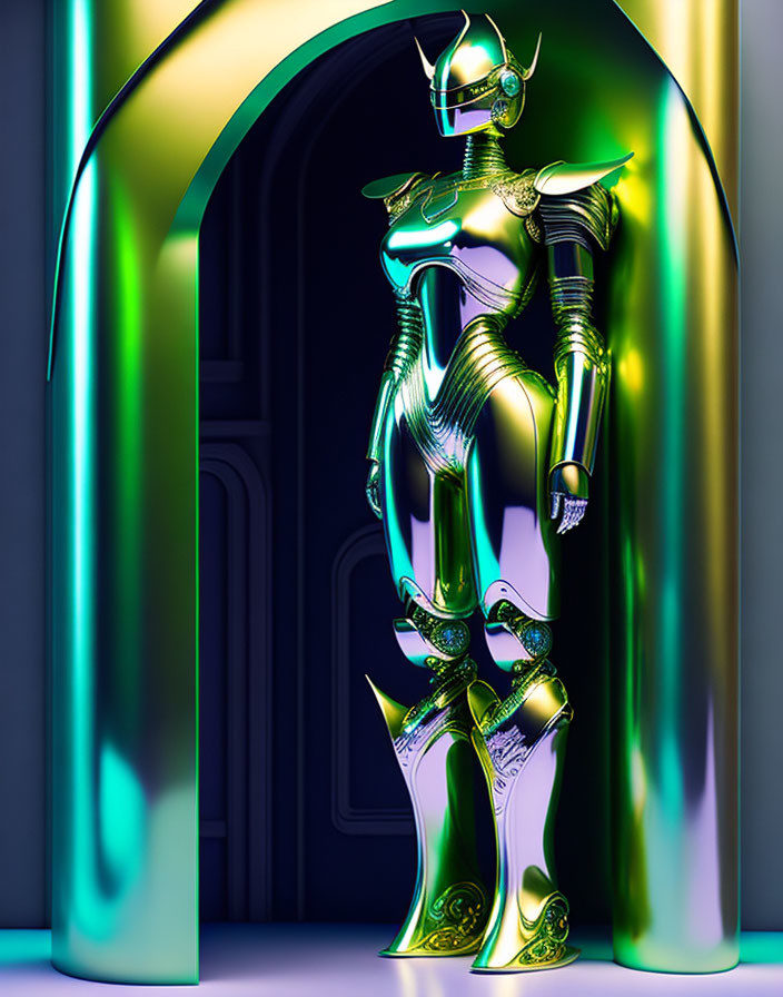 Futuristic humanoid robot in gold and silver under colorful lights