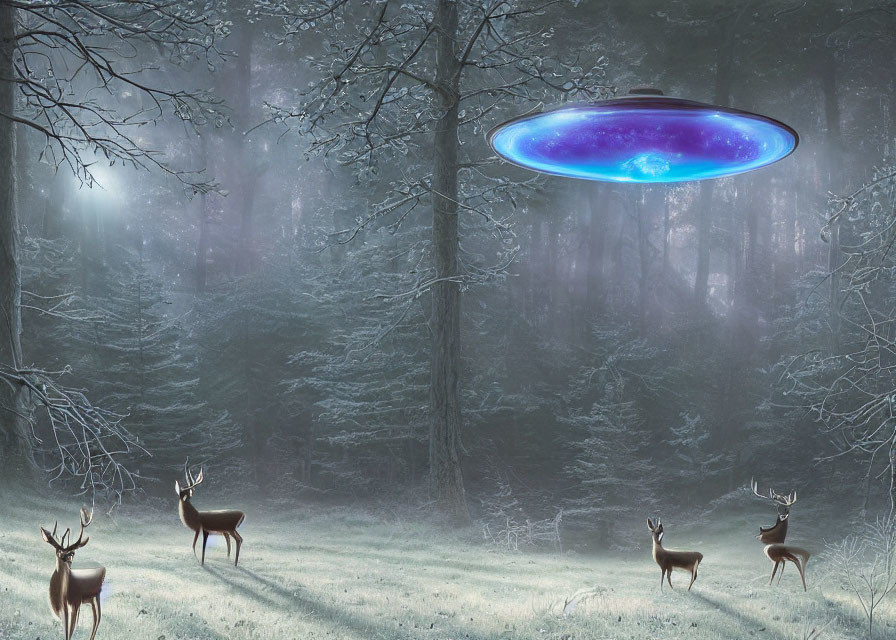 Misty forest clearing with UFO, deer, frost-covered trees