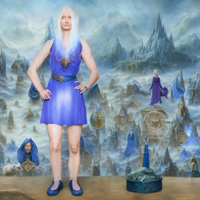 Blue fantasy costume with long white hair in mystical landscape.