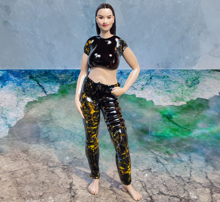 Digital avatar of woman with black hair in cropped top on abstract blue and green background