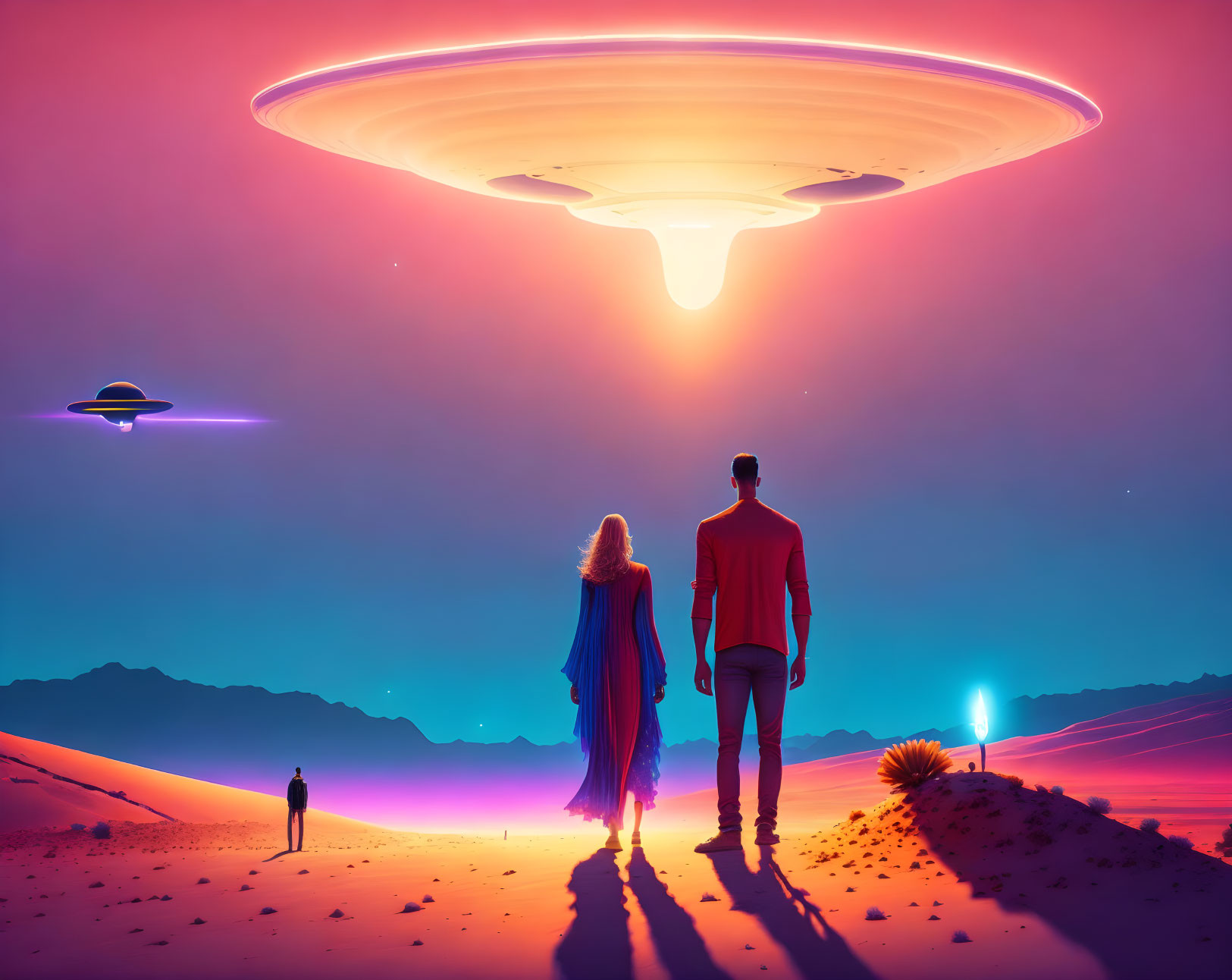 Couple Holding Hands Under UFO in Desert Sunset