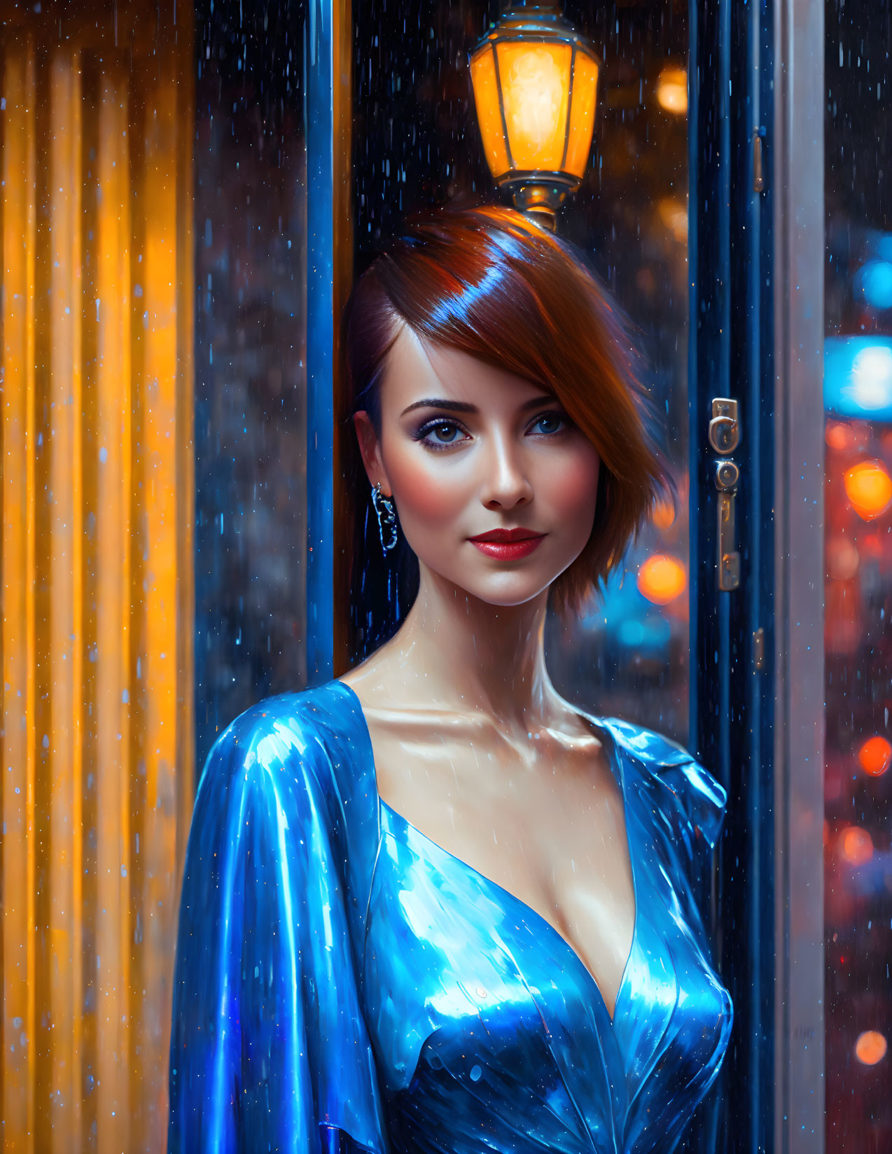 Auburn-Haired Woman in Blue Dress Under Lantern with Rain and City Lights