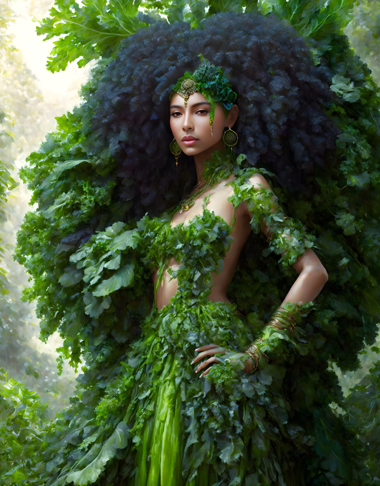 Elaborate Leafy Costume Woman Blending into Verdant Background