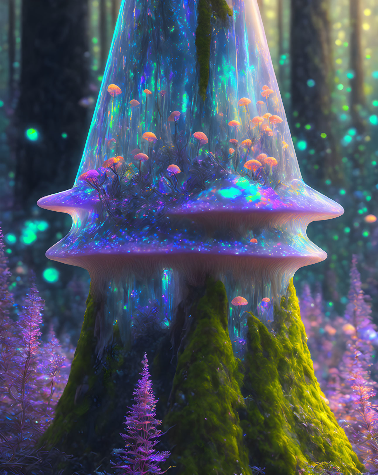 Glowing mushroom in mystical forest with vibrant flora