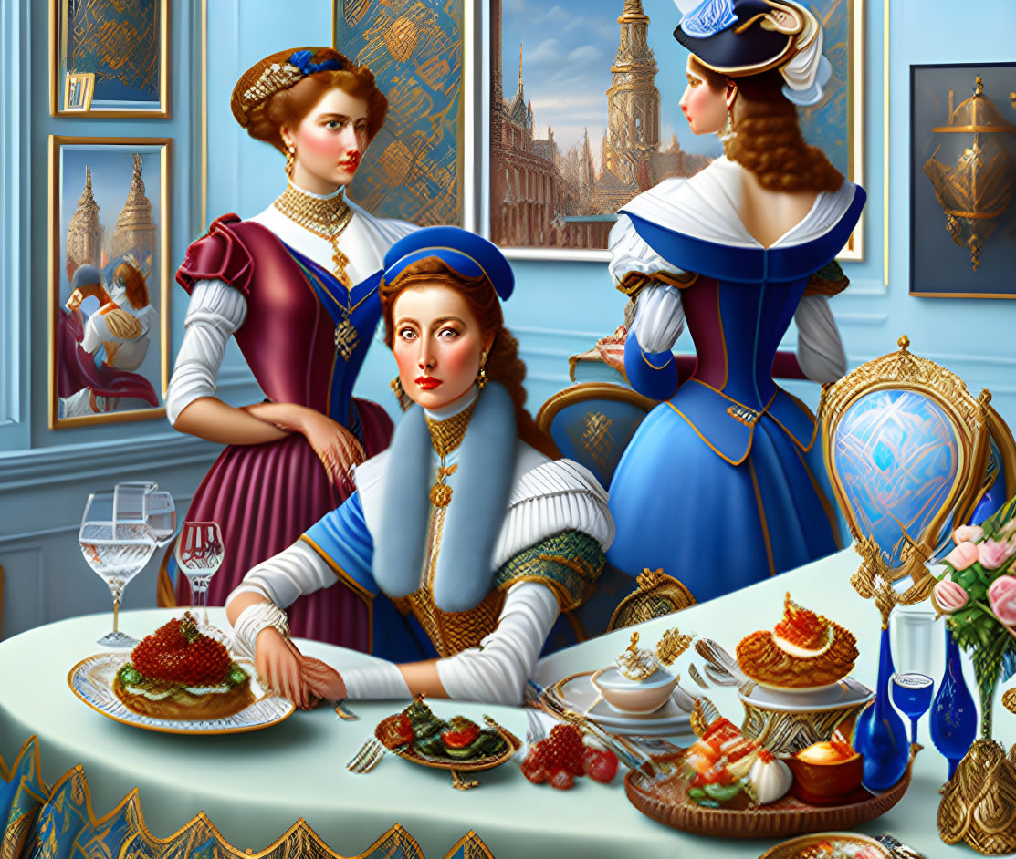 Elegantly dressed women in historical attire dining in luxurious setting