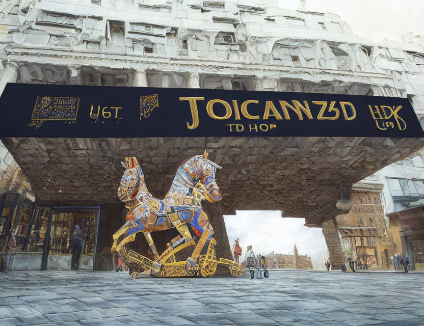 Inverted building facade with robotic horse and carriage on cobblestone street