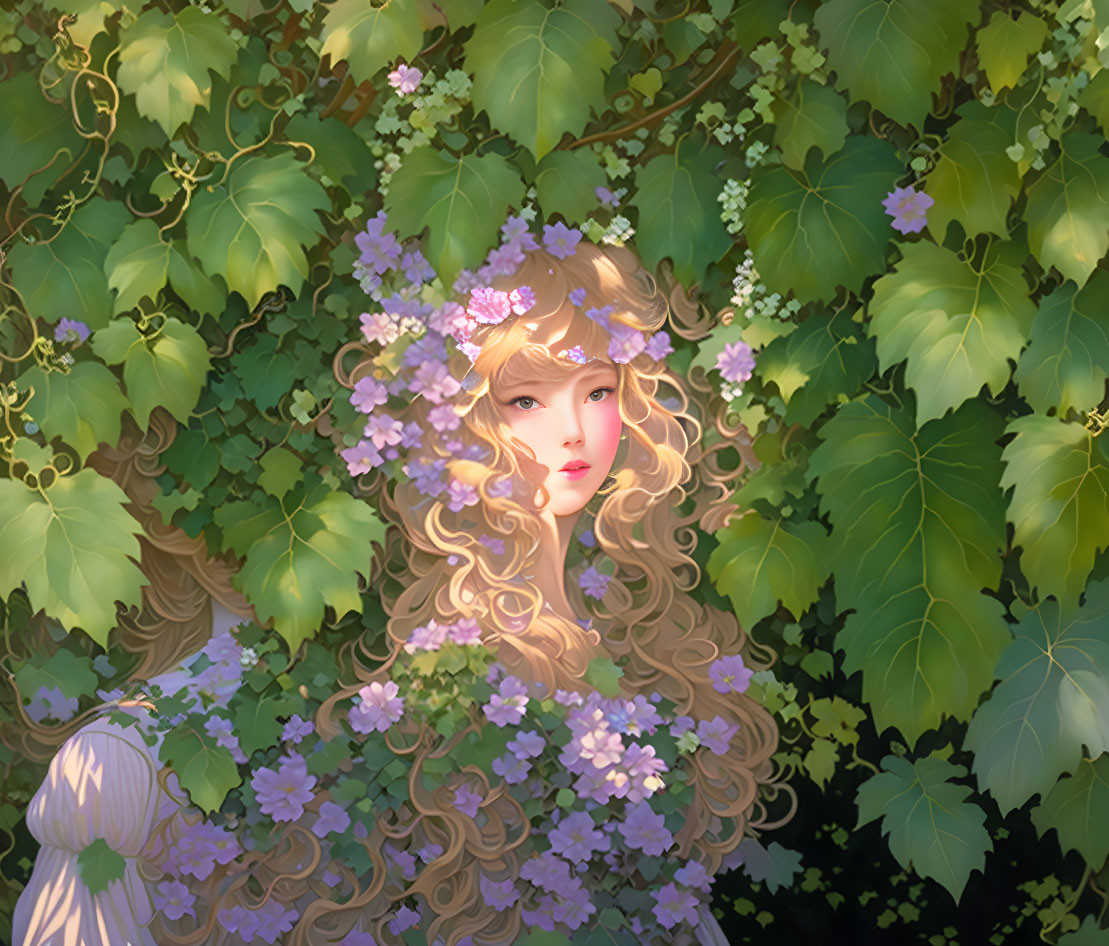 Digital illustration of woman with blonde hair and purple flowers in lush green setting