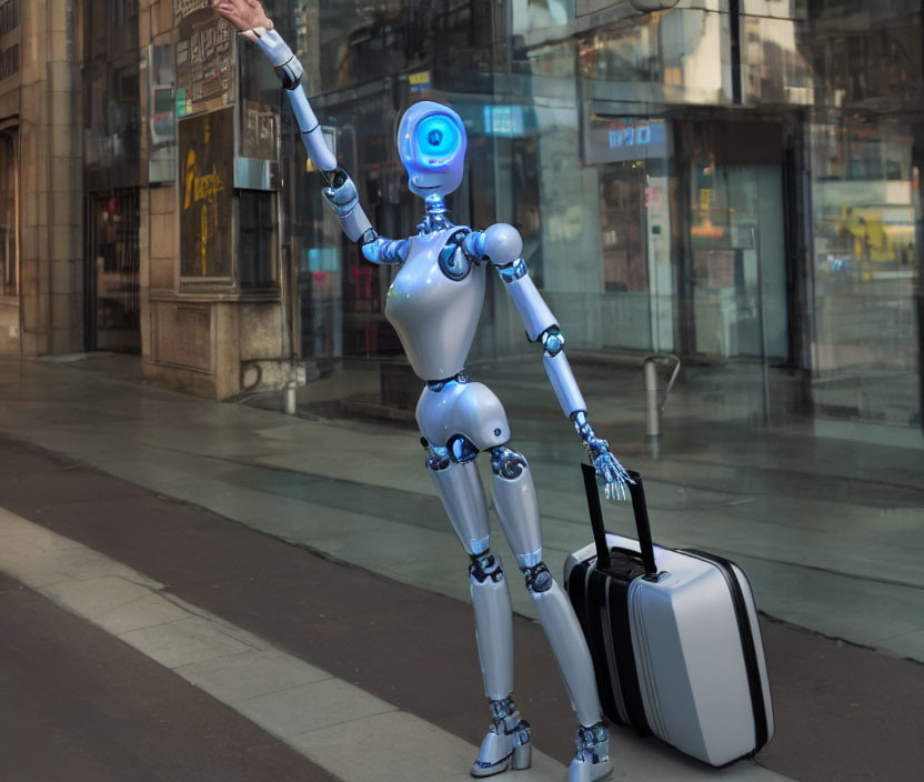 Glowing blue-faced humanoid robot hailing taxi with suitcase on sidewalk