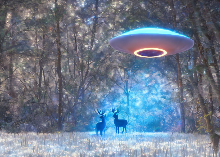 Misty forest night scene with two deer and glowing UFO