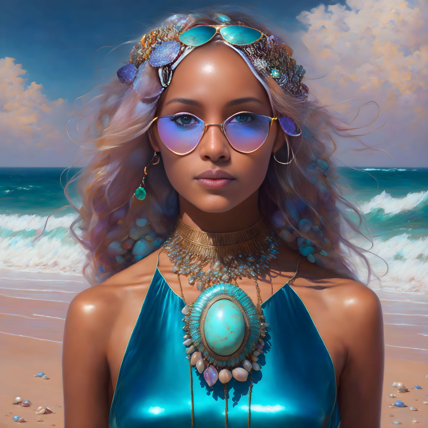 Lavender-haired woman with sunglasses and beach accessories portrait.