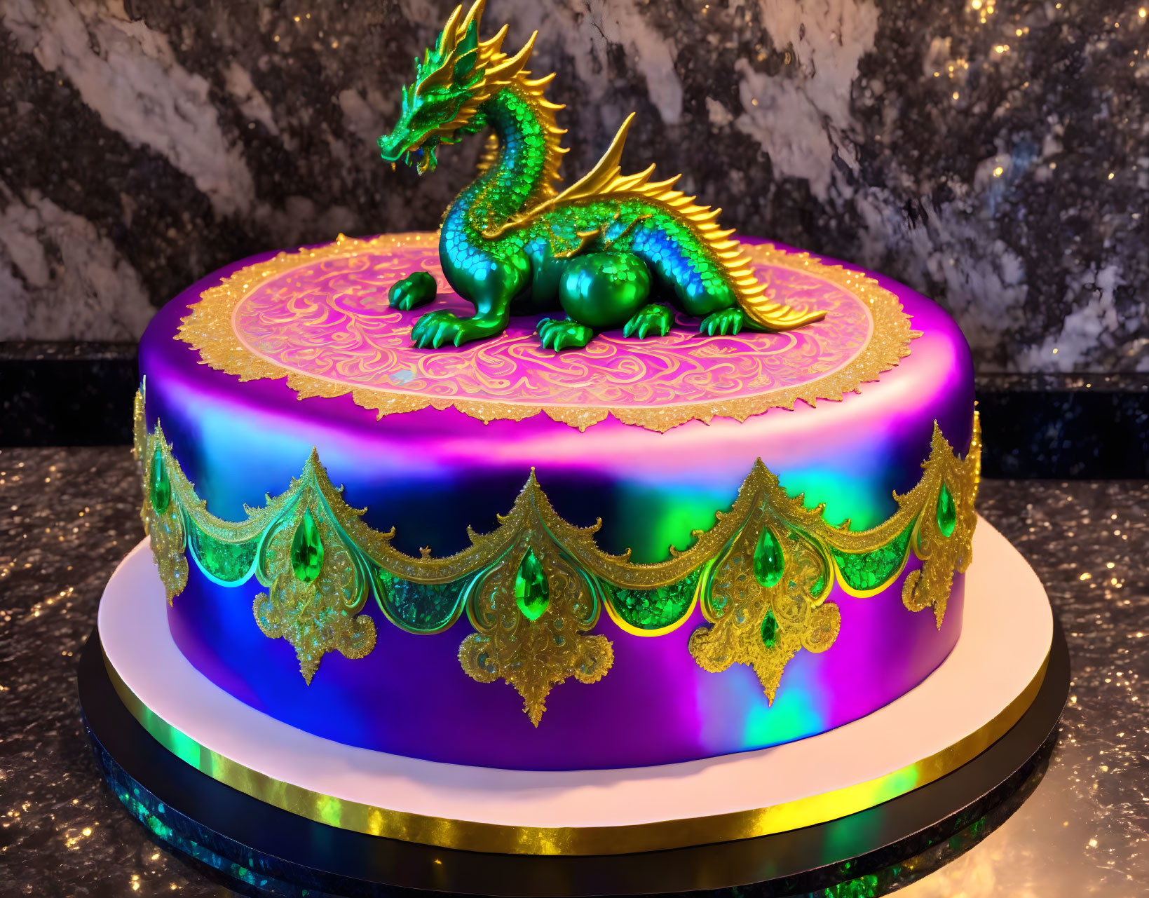 Dragon-themed cake with ornate purple and gold decorations on marble background