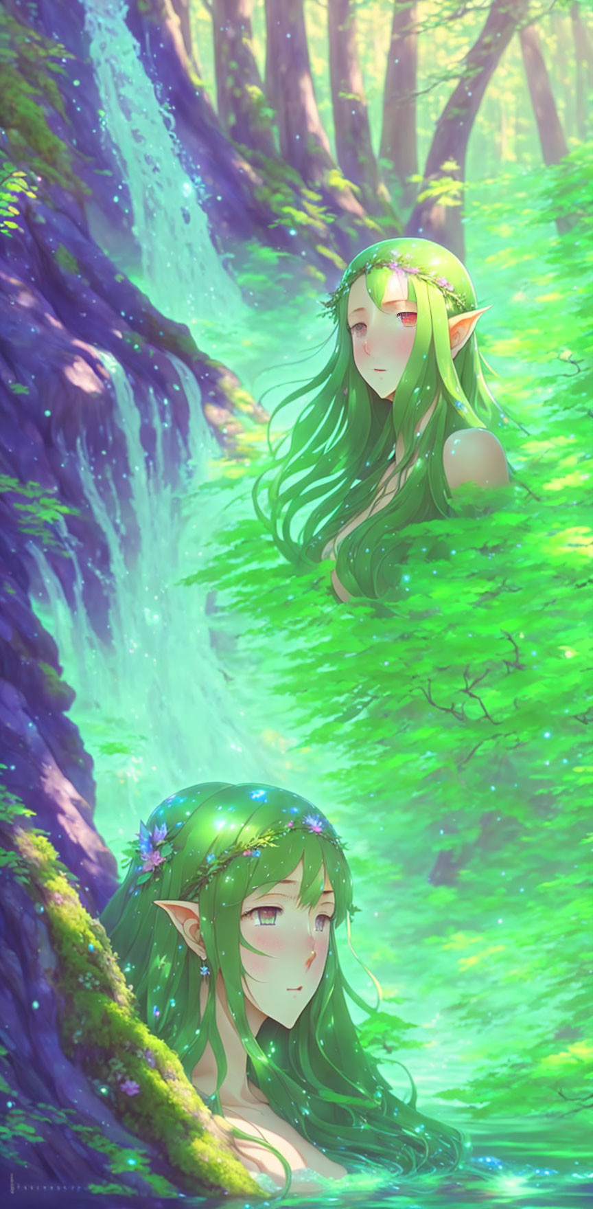 Ethereal elf with green hair in serene forest with waterfall